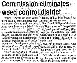 Weed control district dissolution headline, from the Oregon City Enterprise-Courier. (Oregon City, OR.), August 5, 1989